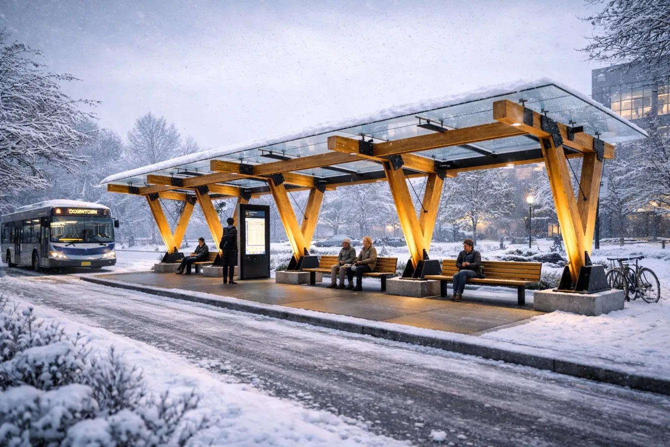 Timber transit shelter at dusk with snowfall