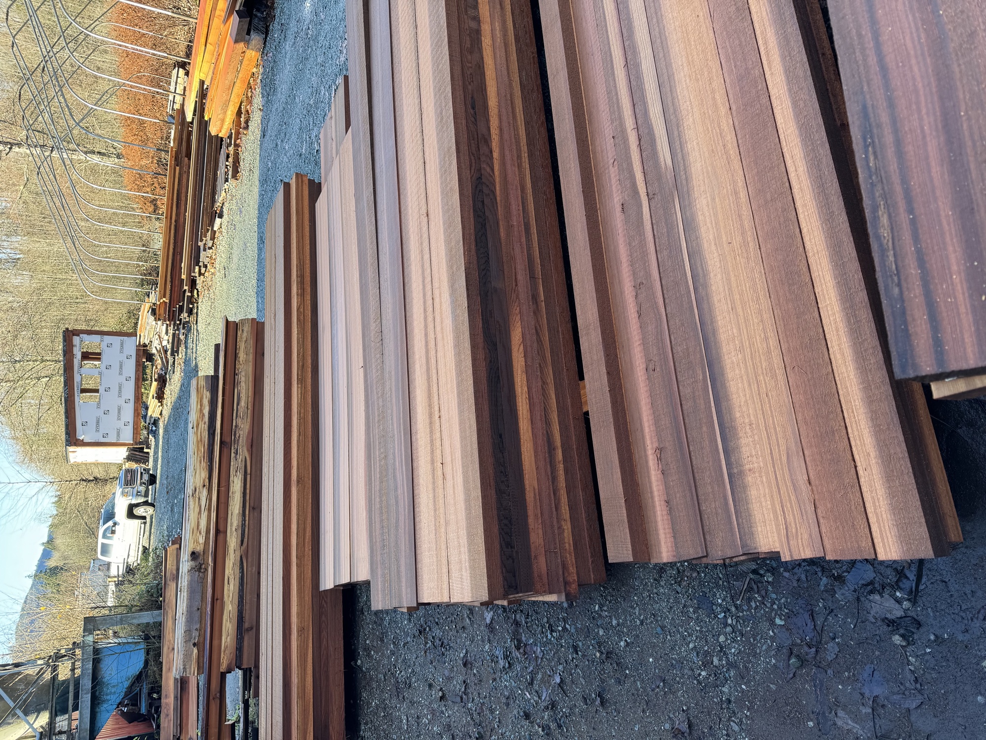 Stained cedar boards in the mill yard